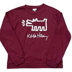 New Keith Haring Barking Dog Long-Sleeve T-Shirt Red/White Crew 60% Cotton Small